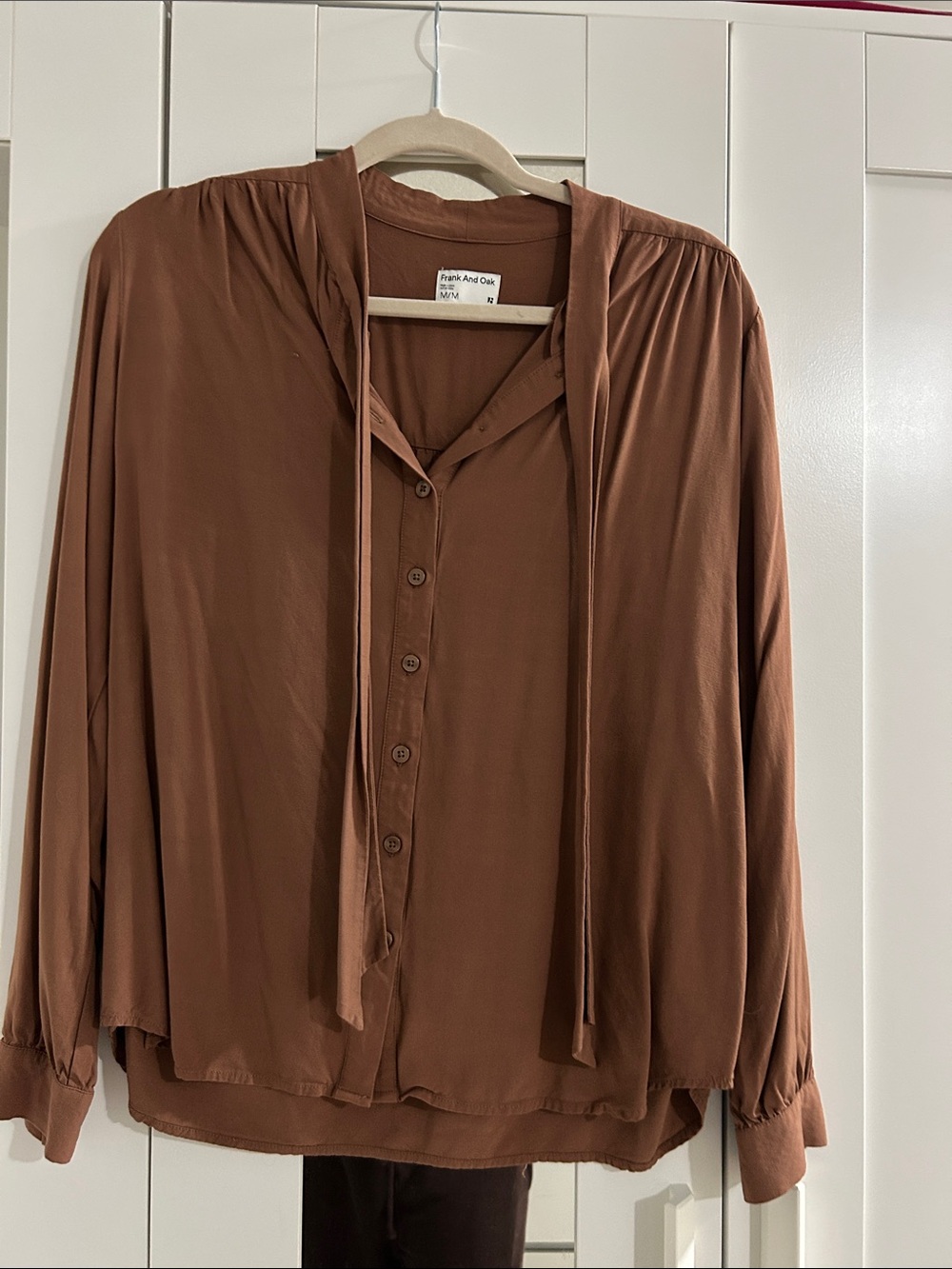 Frank & Oak Brown Button-Up Blouse with Tie Neck